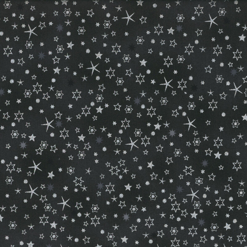 lovely black fabric with scattered tonal and metallic silver stars