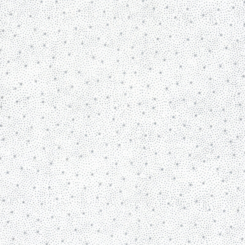 gorgeous white fabric with tiny scattered metallic silver stars surrounded by pin dots in a radiating pattern