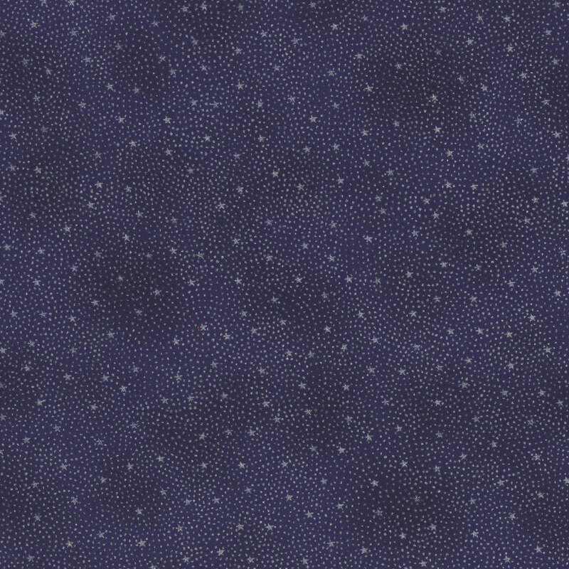gorgeous deep blue fabric with tiny scattered metallic silver stars surrounded by pin dots in a radiating pattern