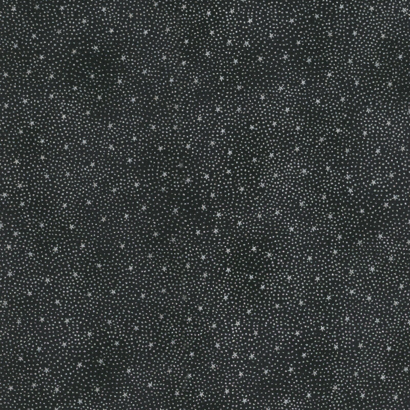 gorgeous black fabric with tiny scattered metallic silver stars surrounded by pin dots in a radiating pattern