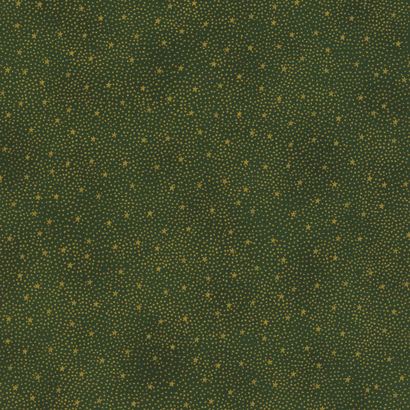 gorgeous green fabric with tiny scattered metallic gold stars surrounded by pin dots in a radiating pattern