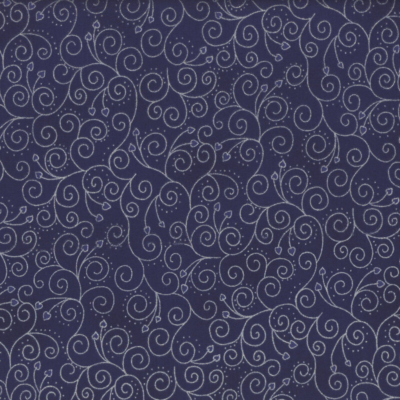 lovely deep blue fabric with metallic silver interwoven swirls, accented by hearts attached to the ends of some of the scrolls