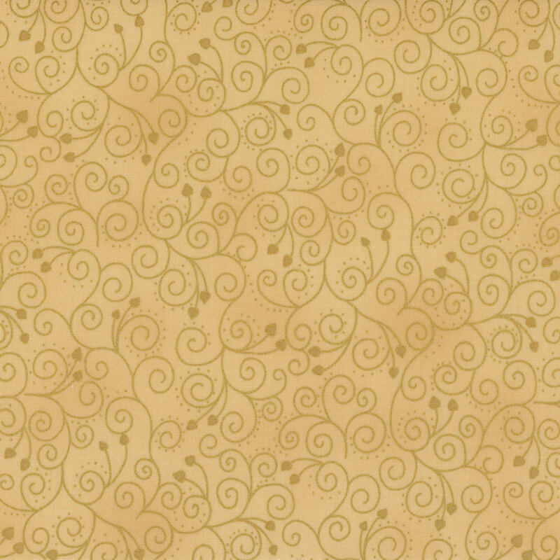 lovely warm tan fabric with metallic gold interwoven swirls, accented by hearts attached to the ends of some of the scrolls