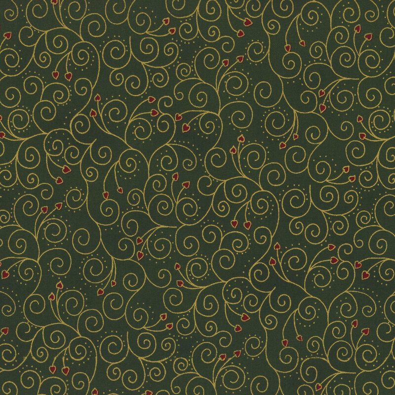 lovely dark emerald green fabric with metallic gold interwoven swirls, accented by red hearts attached to the ends of some of the scrolls
