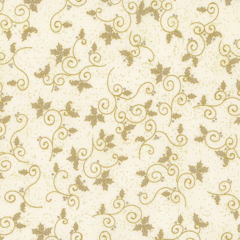 beautiful cream fabric with metallic gold swirls, accented by gray and metallic gold holly and metallic gold speckling