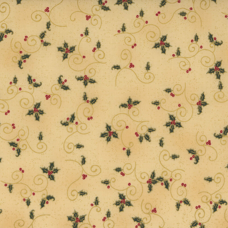 beautiful warm tan fabric speckled with metallic gold and scattered metallic gold swirls, accented by green and red holly outlined in metallic gold