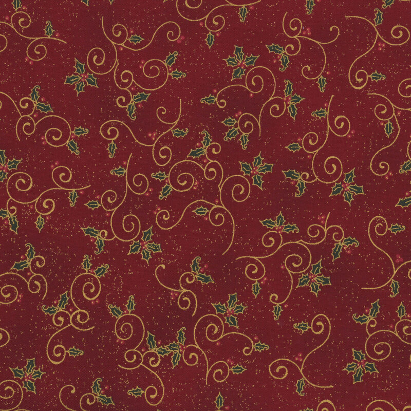 beautiful red fabric with scattered metallic gold swirls, accented by holly outlined in metallic gold and metallic gold speckling
