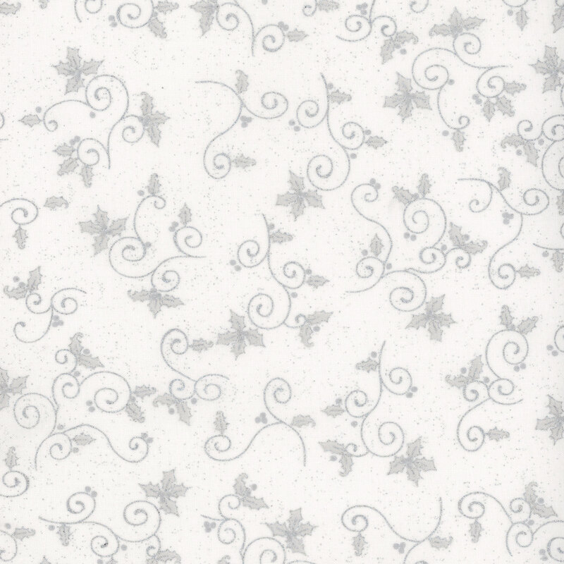 beautiful white fabric with scattered metallic silver swirls, accented by gray holly outlined in metallic silver and metallic silver speckling