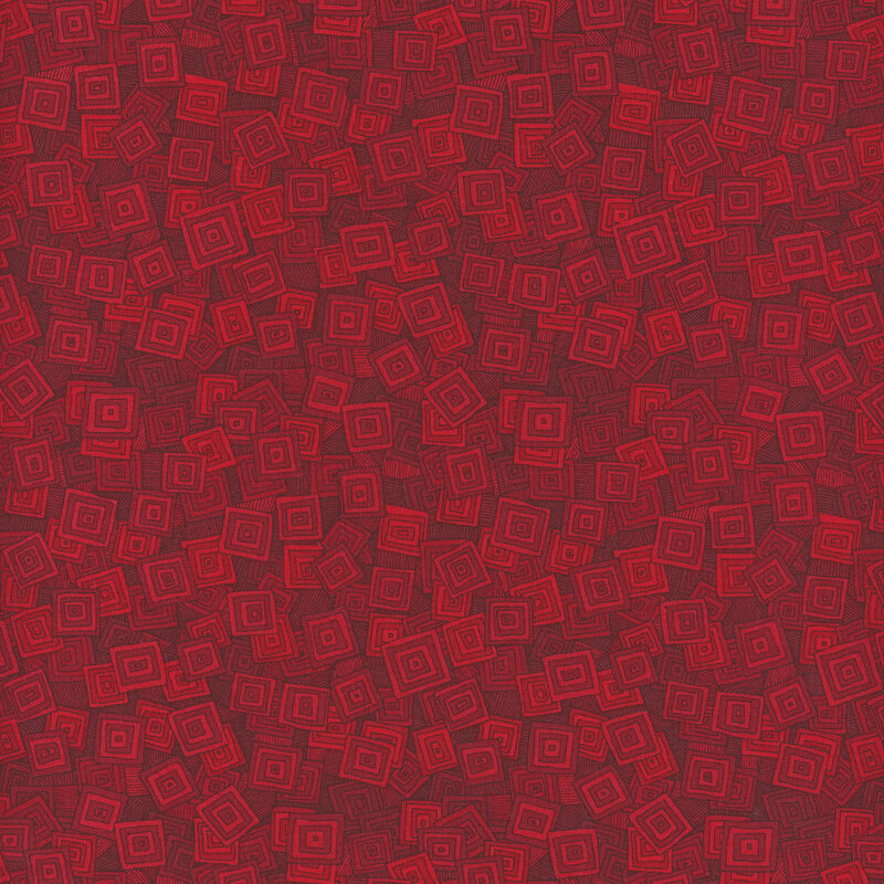 Scan of red fabric with a repeating and turning square motif