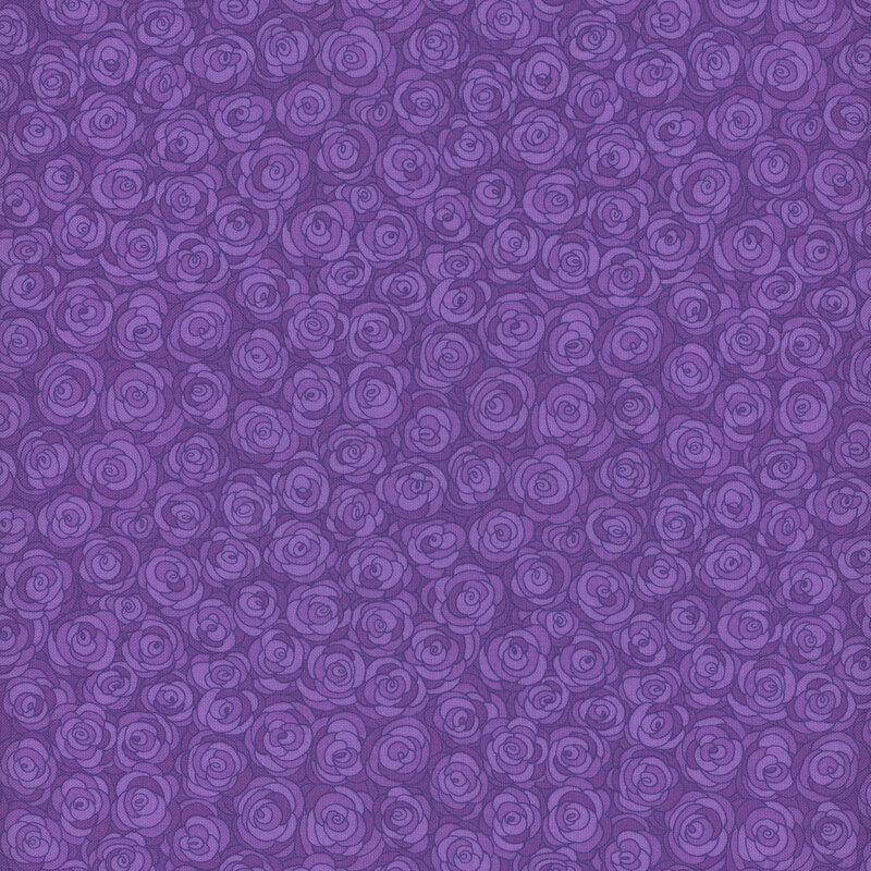 Scan of purple fabric with a repeating and packed rose motif