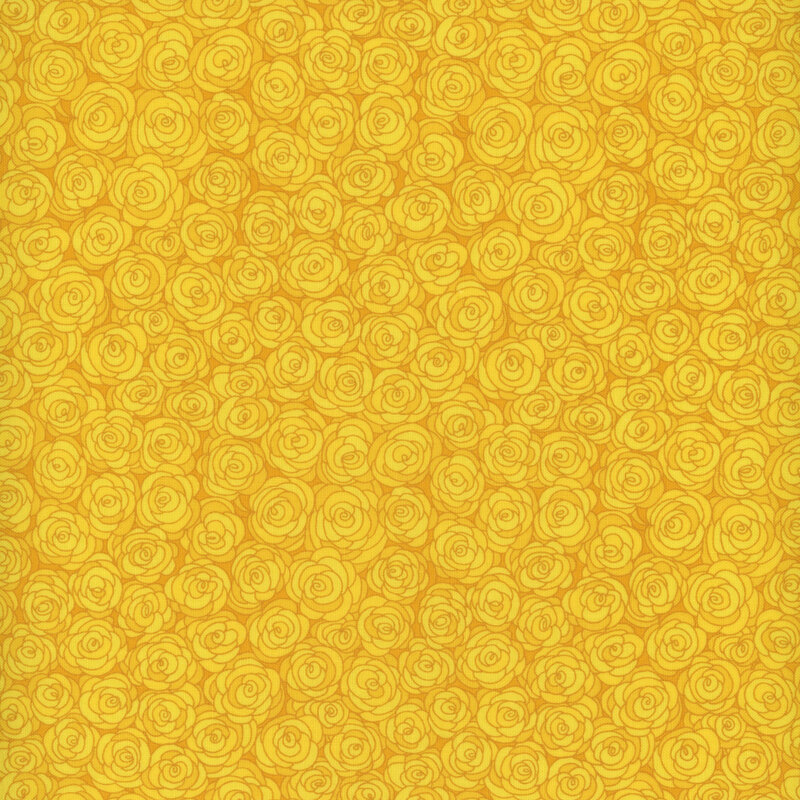 Scan of yellow fabric with a repeating and packed rose motif