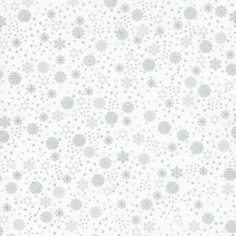 beautiful white fabric with scattered metallic silver snowflakes, stars, and dots