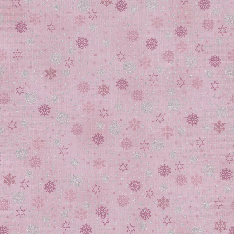 beautiful light mauve fabric with scattered metallic silver and tonal snowflakes, stars, and dots