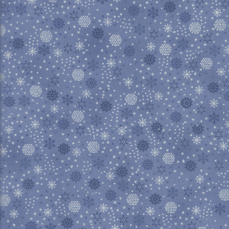 beautiful denim blue fabric with scattered metallic silver and tonal snowflakes, stars, and dots