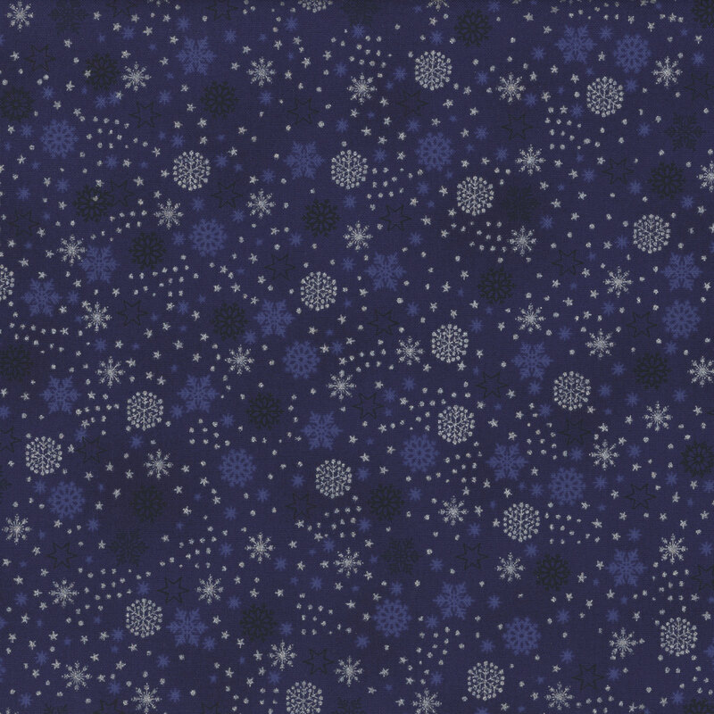 beautiful rich blue fabric with scattered metallic silver and tonal snowflakes, stars, and dots