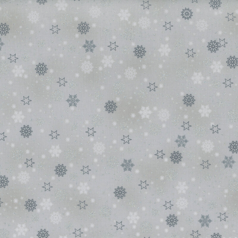beautiful light gray fabric with scattered metallic silver and tonal snowflakes, stars, and dots