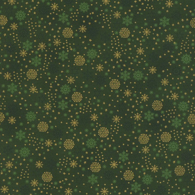 beautiful emerald green fabric with scattered metallic gold and tonal snowflakes, stars, and dots
