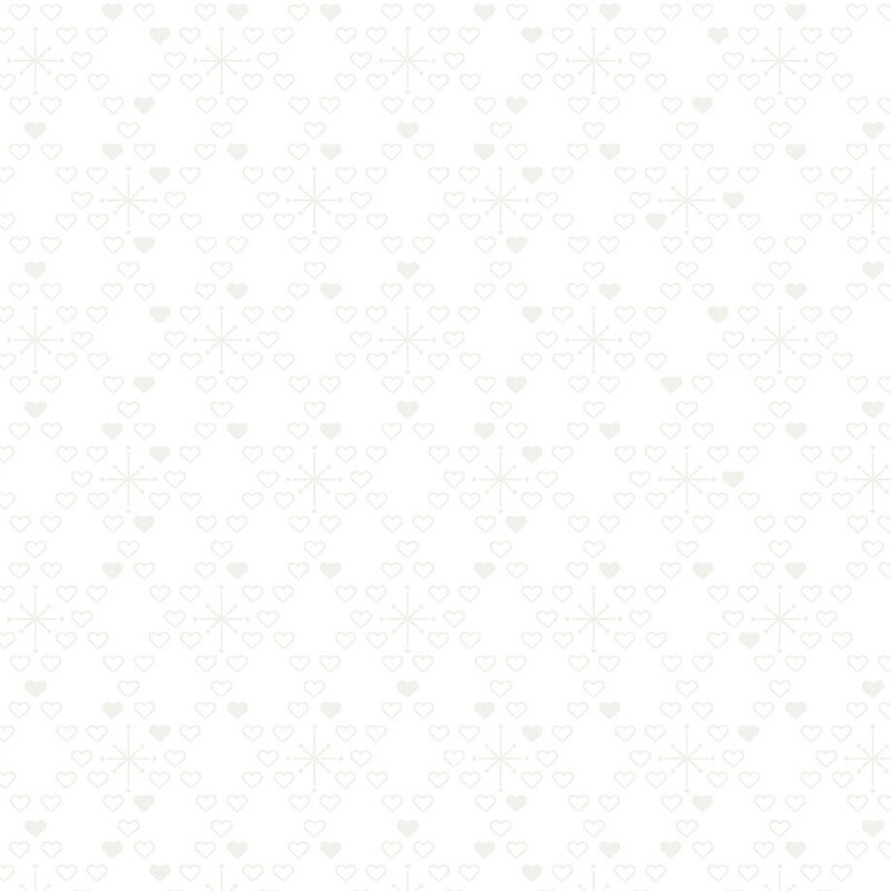digital image of gorgeous white fabric with pearl and tonal hearts in a diamond lattice pattern, with some of the diamonds featuring a minimalistic snowflake design