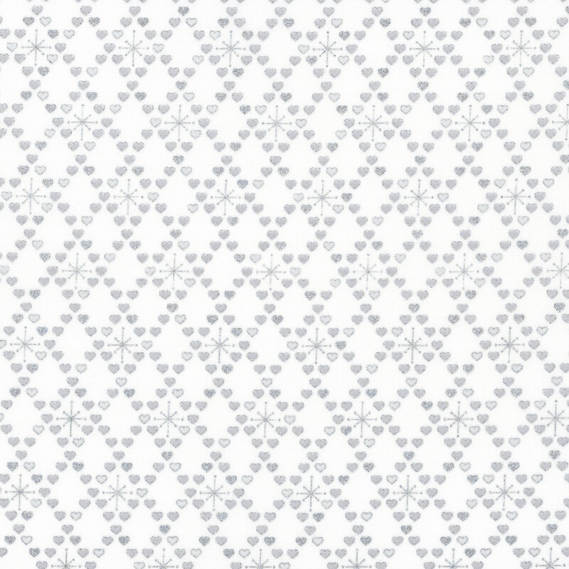 gorgeous white fabric with metallic silver and tonal hearts in a diamond lattice pattern, with some of the diamonds featuring a minimalistic snowflake design
