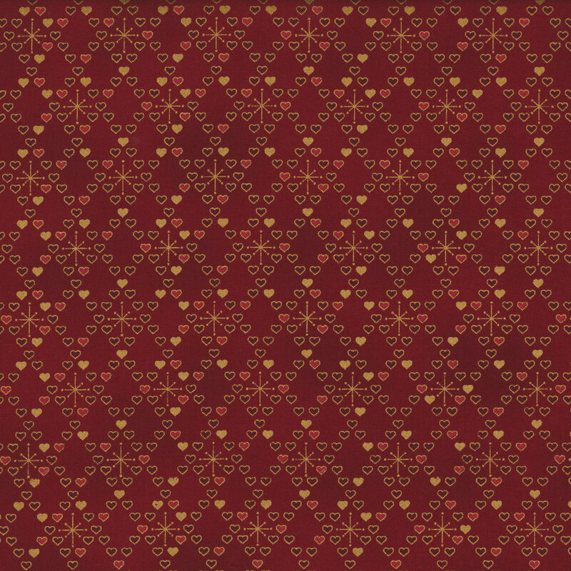 gorgeous red fabric with metallic gold and tonal hearts in a diamond lattice pattern, with some of the diamonds featuring a minimalistic snowflake design