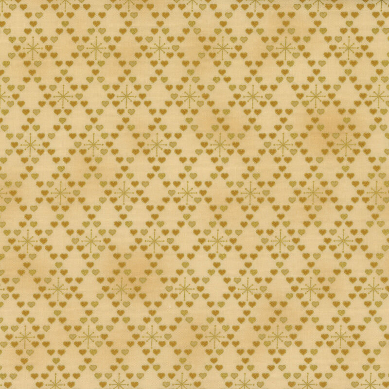 gorgeous warm tan fabric with metallic gold and tonal hearts in a diamond lattice pattern, with some of the diamonds featuring a minimalistic snowflake design