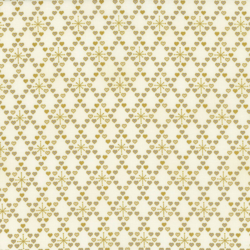 gorgeous cream fabric with metallic gold and gray hearts in a diamond lattice pattern, with some of the diamonds featuring a minimalistic snowflake design