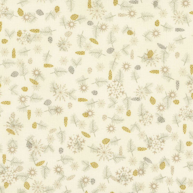 lovely cream fabric with scattered metallic gold, gray, and taupe pinecones with muted green fir sprigs and taupe snowflakes