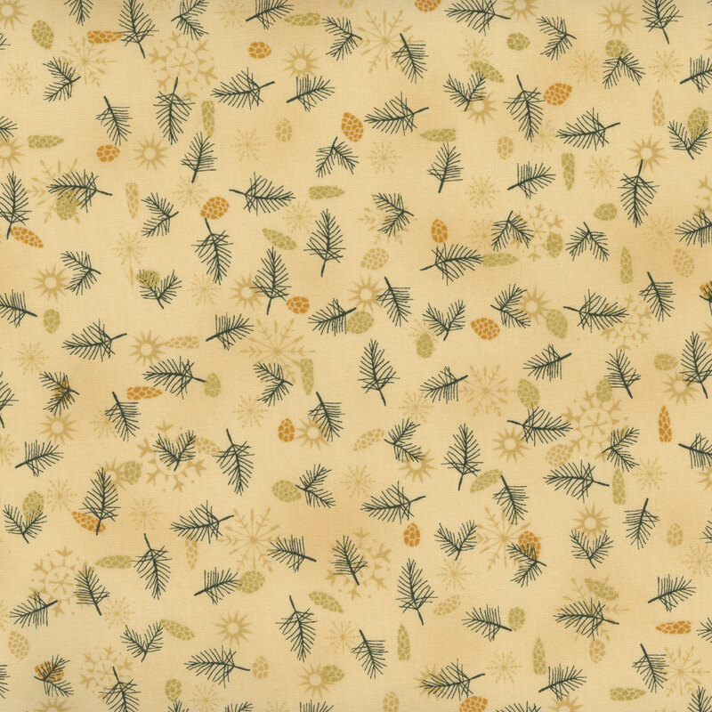 lovely warm tan fabric with scattered metallic gold, tonal, and golden yellow pinecones with forest green fir sprigs and tonal snowflakes