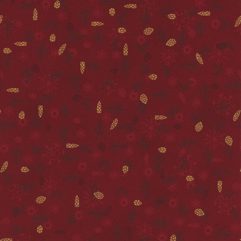 lovely red fabric with scattered metallic gold and tonal pinecones with tonal fir sprigs and snowflakes