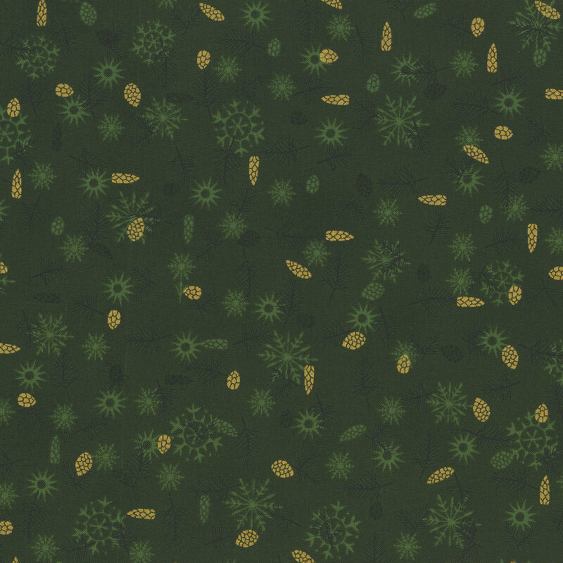 lovely emerald green fabric with scattered metallic gold and tonal pinecones with tonal fir sprigs and snowflakes