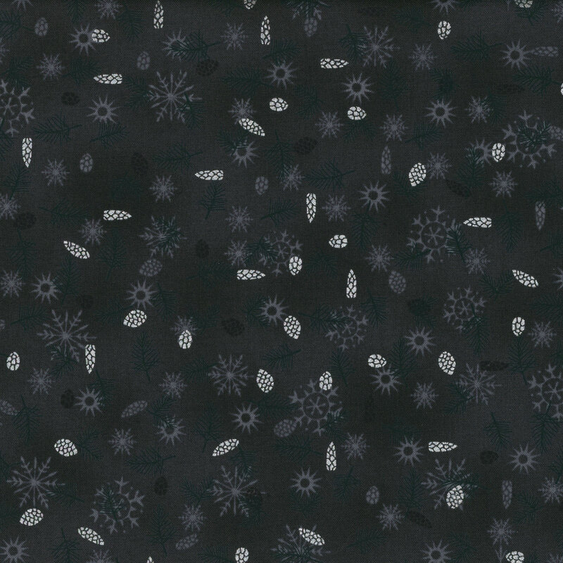 lovely black fabric with scattered metallic silver and tonal pinecones with tonal fir sprigs and snowflakes