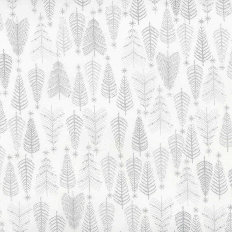 gorgeous white fabric with gray fir trees, decorated with metallic silver accents