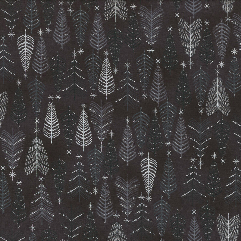 gorgeous black fabric with tonal fir trees, decorated with metallic silver accents