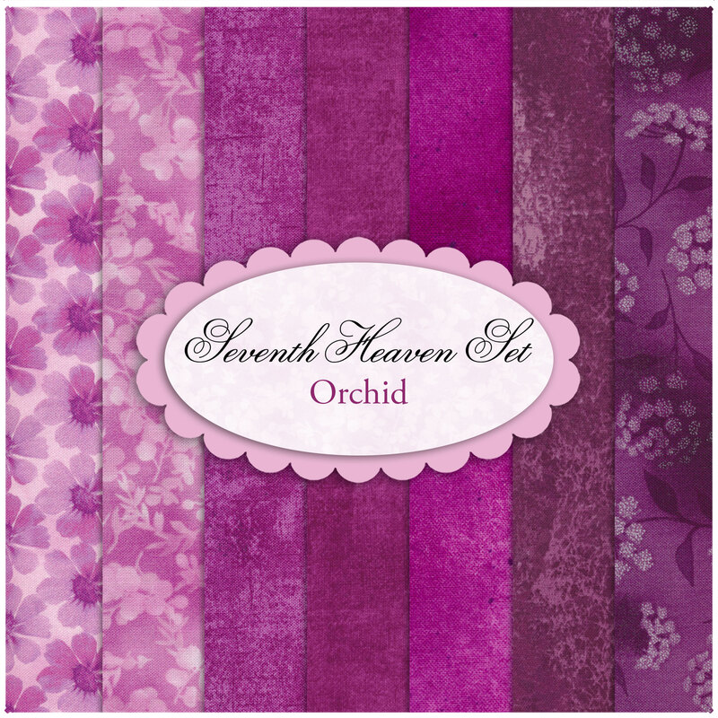 Composite image of the fabrics included in the Orchid set, an array of magenta, fuchsia, and byzantine colors
