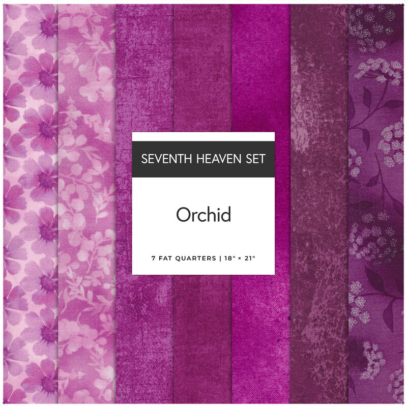 A collage of 7 purple fabrics in the Orchid seventh heaven set