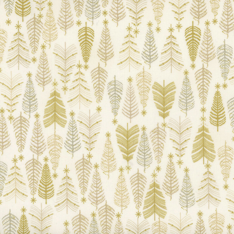 gorgeous cream fabric with tonal and gray fir trees, decorated with metallic gold accents