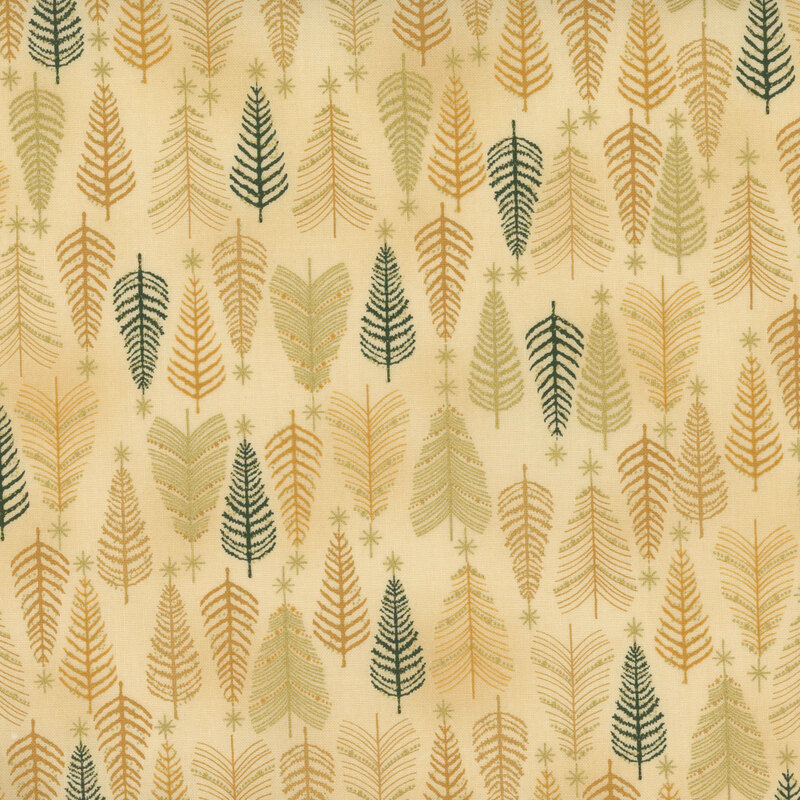 gorgeous warm tan fabric with golden yellow and dark green fir trees, decorated with metallic gold accents