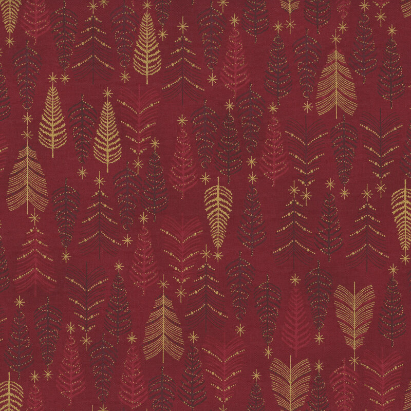 gorgeous red fabric with tonal fir trees, decorated with metallic gold accents