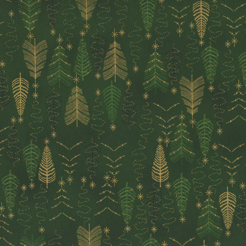 gorgeous emerald green fabric with tonal fir trees, decorated with metallic gold accents