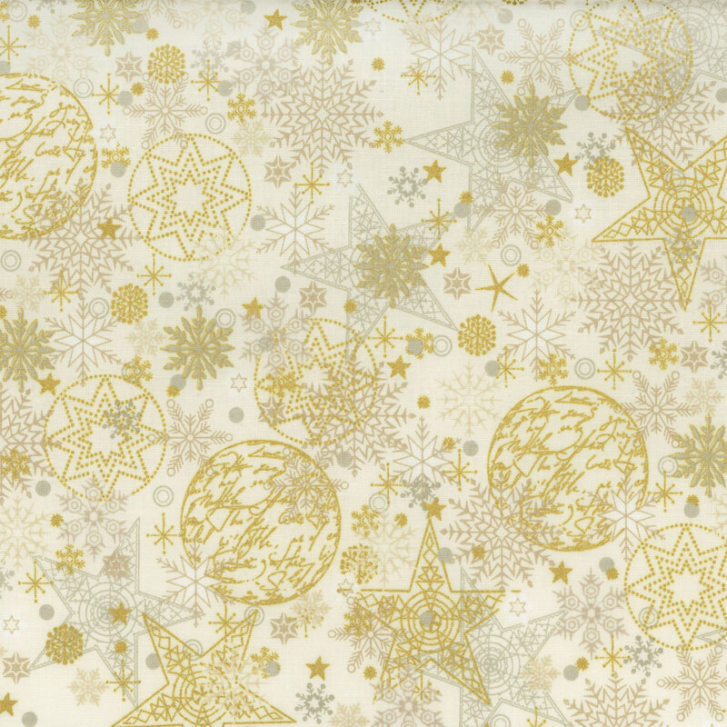 fantastic cream fabric with scattered taupe and gray snowflakes and dots, accented beautifully by metallic gold stars, snowflakes, quilting stars, and handwriting filled baubles