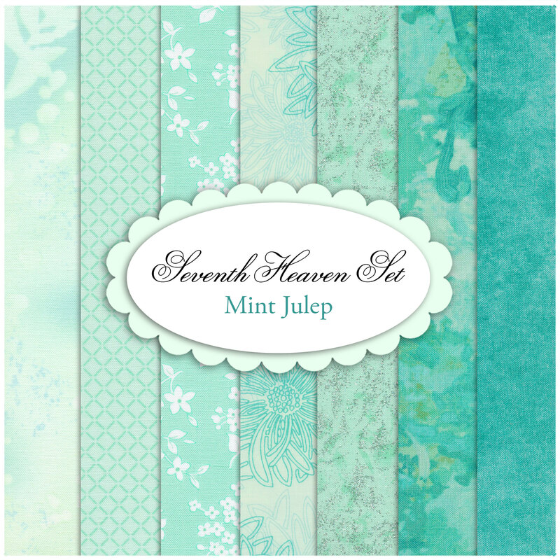 A composite collage of the fabrics included in the Mint Julep set, an array of minty and cheerful aqua tones