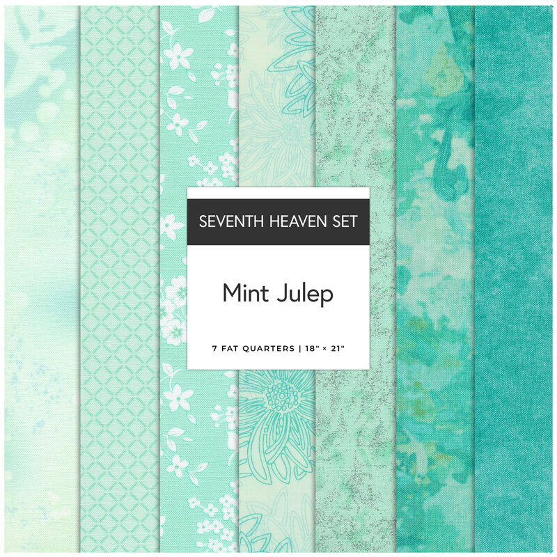 A collage of 7 mint green fabrics in the Mint Julep seventh heaven set