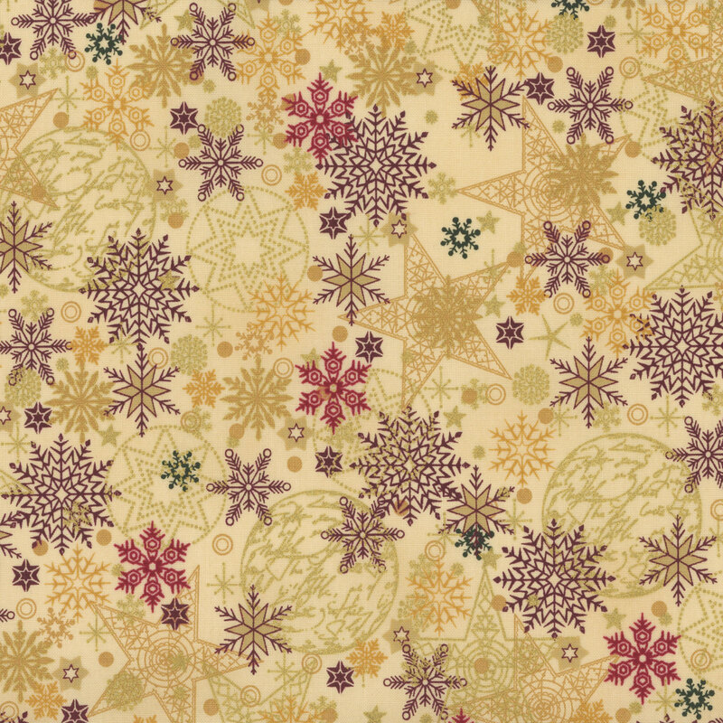 fantastic warm tan fabric with scattered golden yellow, dark purple, dark red, and emerald green snowflakes and dots, accented beautifully by metallic gold stars, snowflakes, quilting stars, and handwriting filled baubles