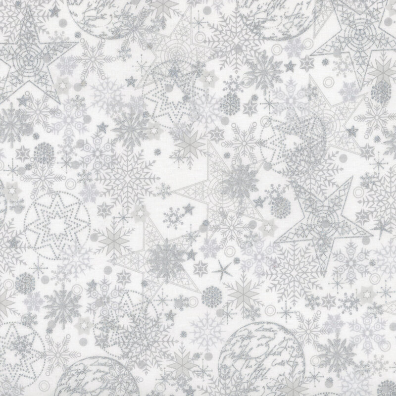 fantastic white fabric with scattered tonal snowflakes and dots, accented beautifully by metallic silver stars, snowflakes, quilting stars, and handwriting filled baubles