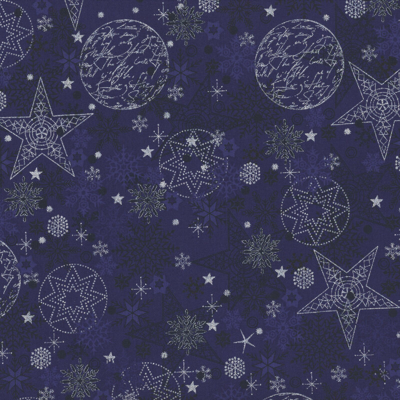 fantastic rich blue fabric with scattered tonal snowflakes and dots, accented beautifully by metallic silver stars, snowflakes, quilting stars, and handwriting filled baubles