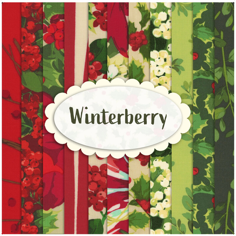 collage of all winterberry fabrics, in shades of red, cream, and green