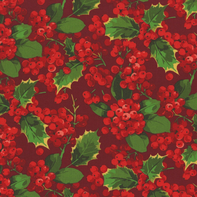 maroon fabric featuring scattered bundles of the red berries and green leaves