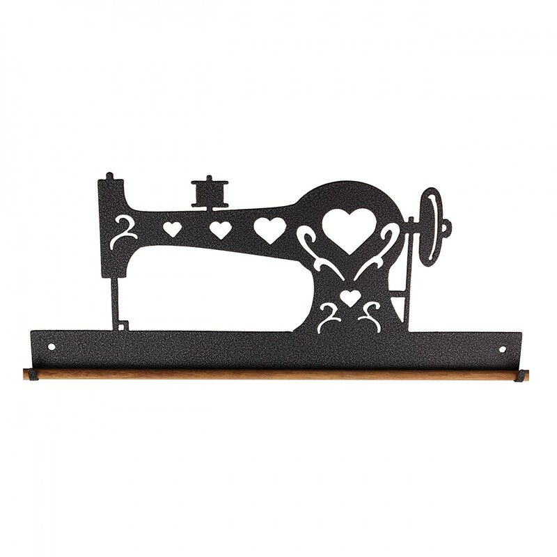 Black metal craft hanger with traditional featherweight sewing machine shape that is 22