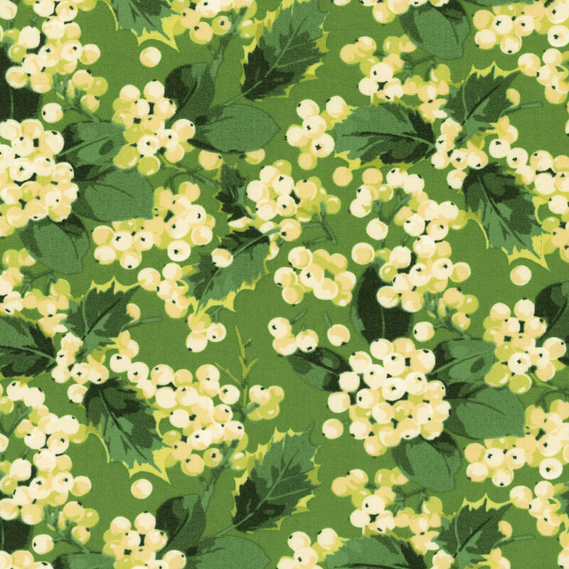 leaf green fabric featuring scattered bundles of white berries and green leaves