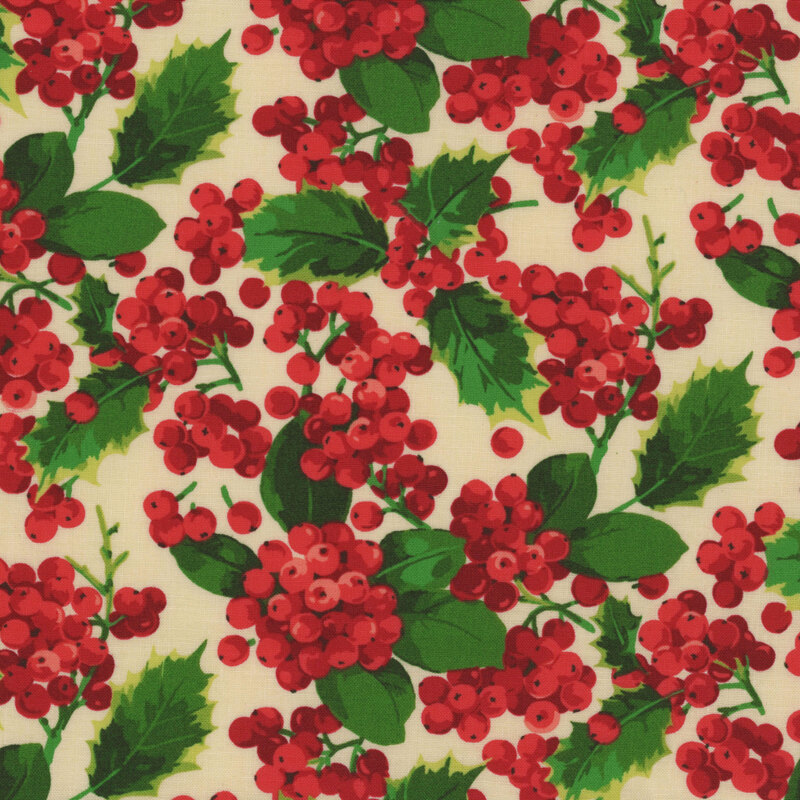 cream fabric featuring scattered bundles of red berries and green leaves